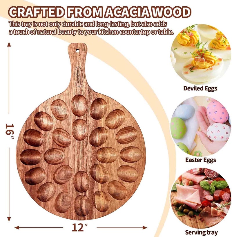 Erwuldor Acacia Wood Deviled Egg Platter,24 Holes Deviled Egg Tray.Round Deviled Egg Holder for Deviled Eggs.Charcuterie Board Easter Deviled Egg Carrier for Kitchen Countertops - Image 5